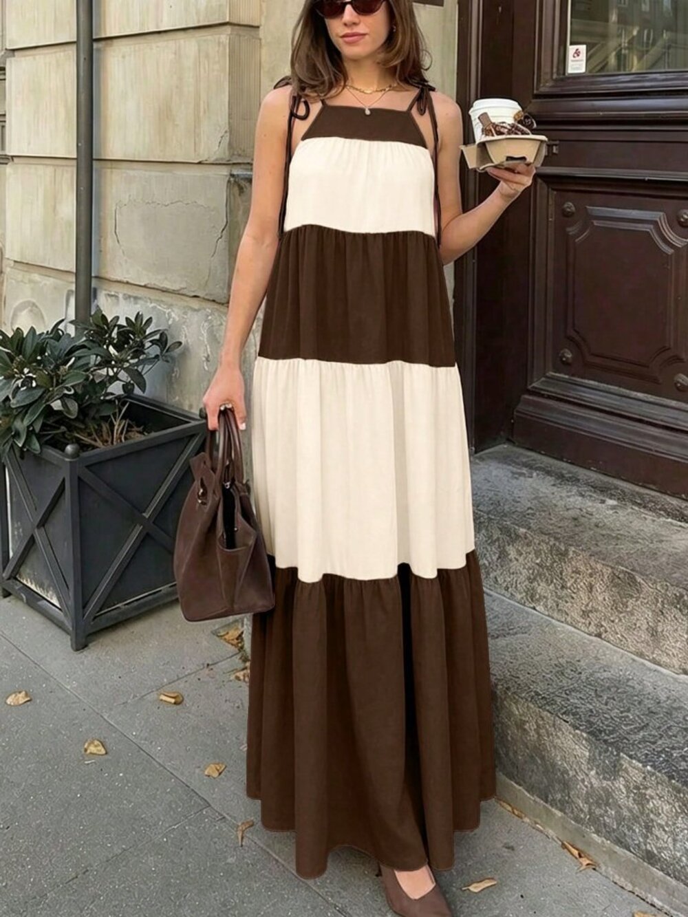 Brown stripe Casual Women's Colorblock maxi dress - Picture 4 of 7
